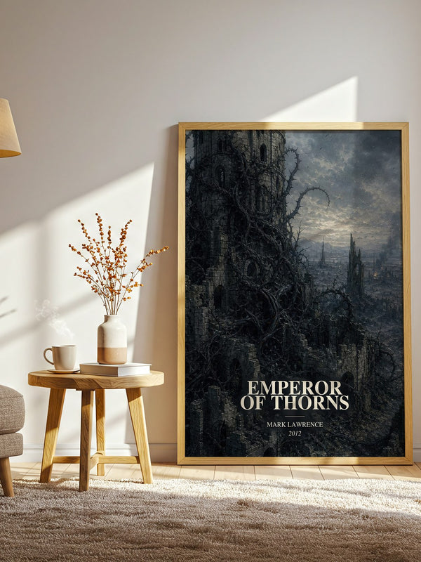 Emperor of Thorns watercolour print in frame leaning in hallway – fantasy wall art