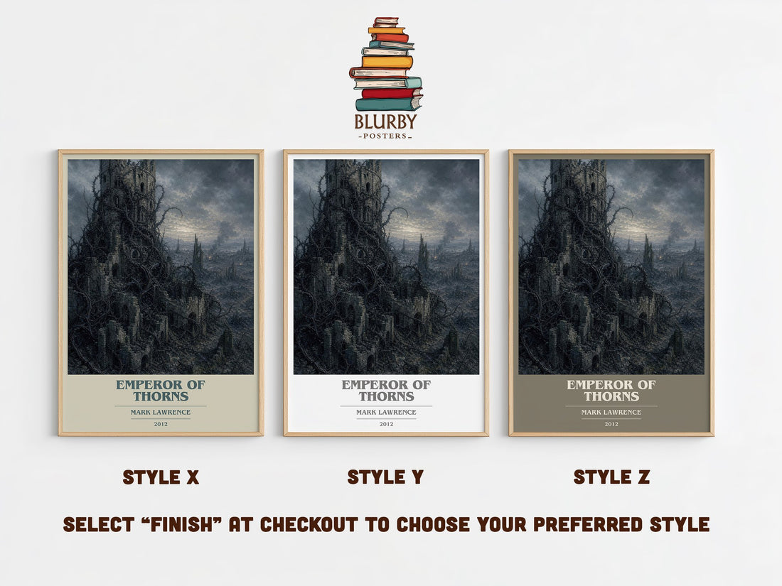 Emperor of Thorns book cover print in frame leaning in hallway – fantasy wall art (mockup)