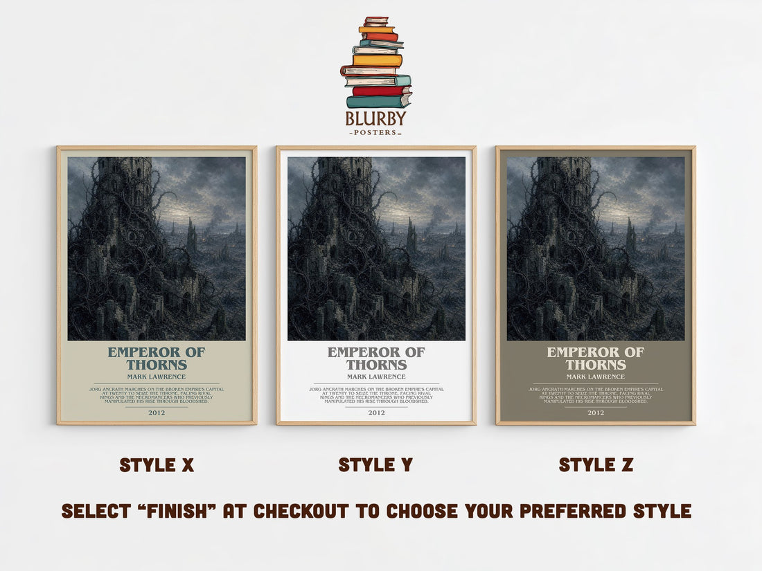 Emperor of Thorns bookish print in frame leaning in hallway – fantasy wall art (mockup)