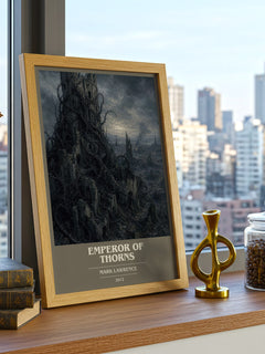 Emperor of Thorns book cover print framed by window – literary home decor