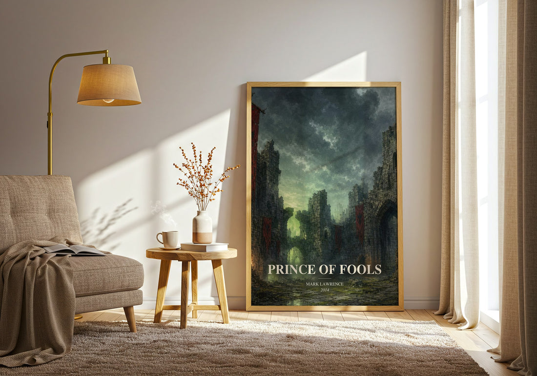 Prince of Fools watercolour print in frame leaning in hallway – fantasy wall art (mockup)