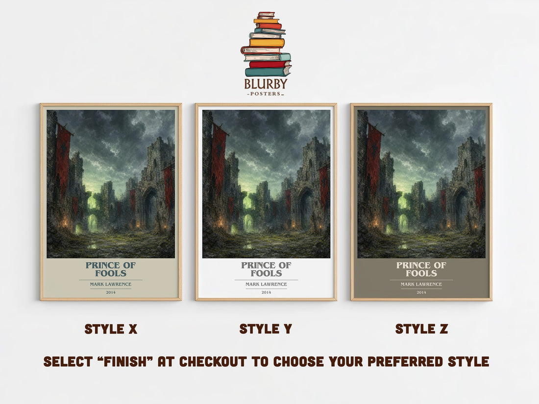 Prince of Fools book cover print in frame leaning in hallway – fantasy wall art (mockup)