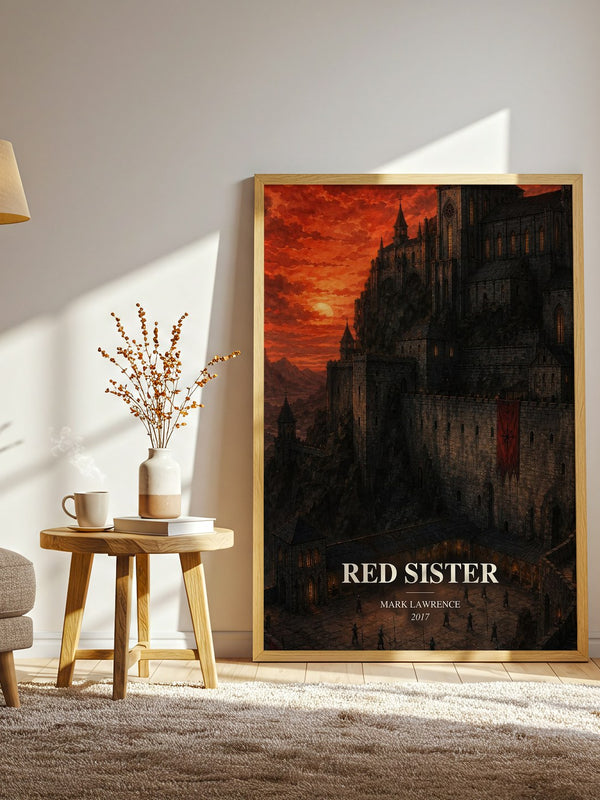 Red Sister watercolour print in frame leaning in hallway – fantasy wall art