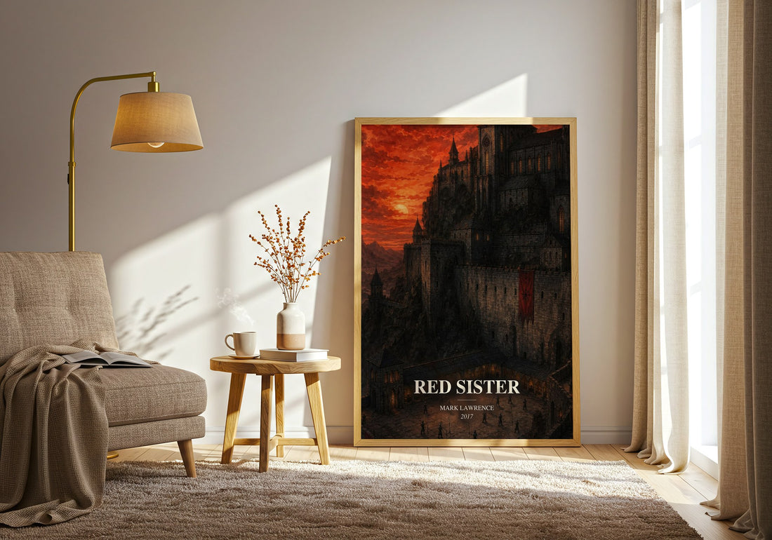 Red Sister watercolour print in frame leaning in hallway – fantasy wall art (mockup)