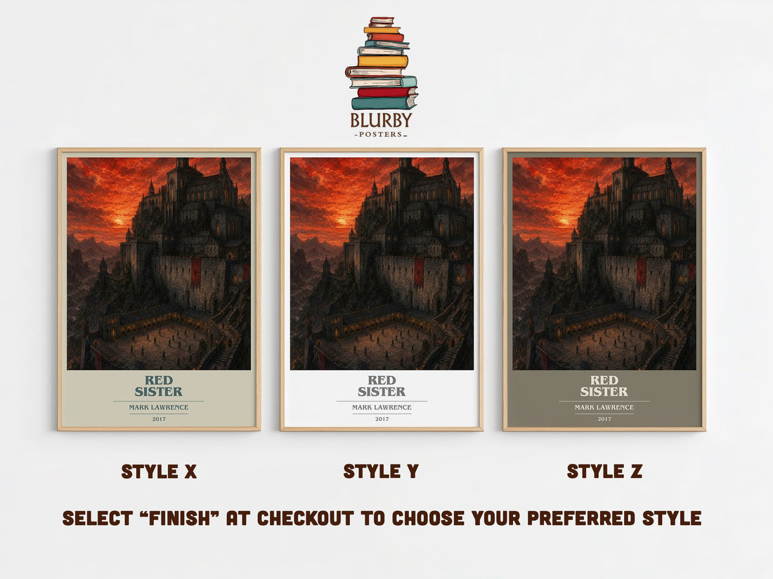 Red Sister book cover print in frame leaning in hallway – fantasy wall art (mockup)