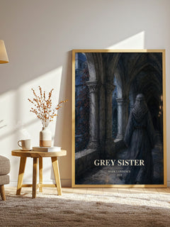 Grey Sister watercolour print in frame leaning in hallway – fantasy wall art