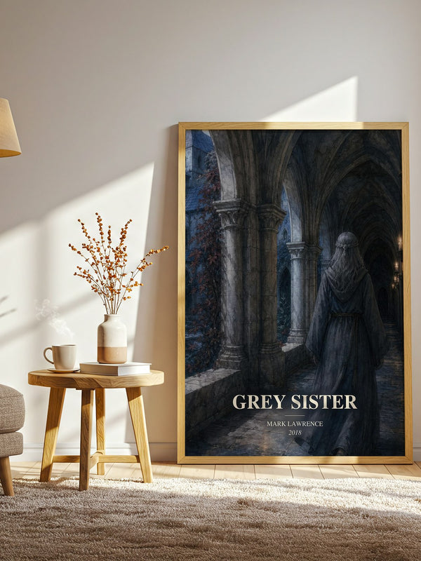 Grey Sister watercolour print in frame leaning in hallway – fantasy wall art