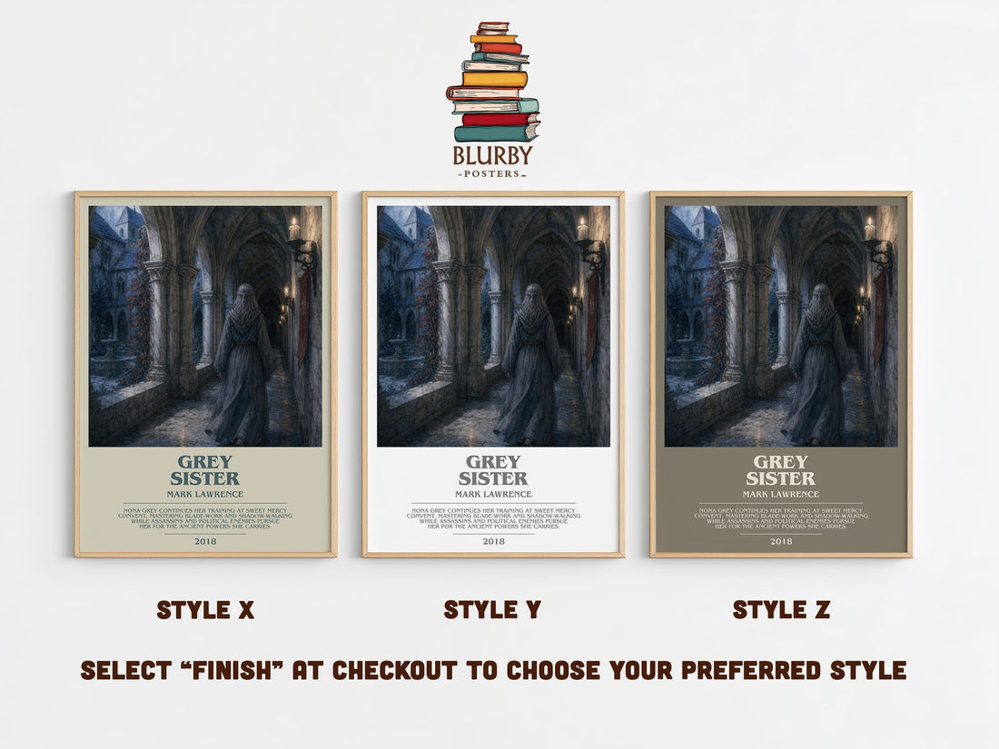 Grey Sister bookish print in frame leaning in hallway – fantasy wall art (mockup)