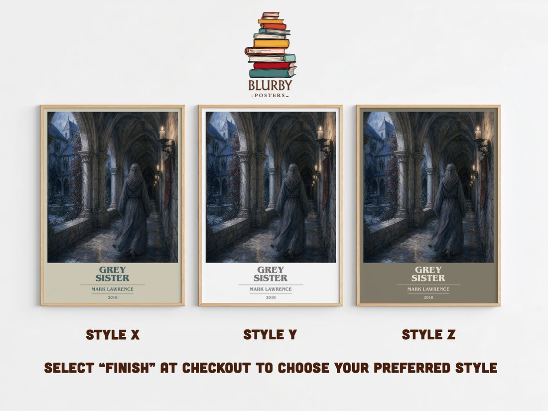 Grey Sister book cover print in frame leaning in hallway – fantasy wall art (mockup)