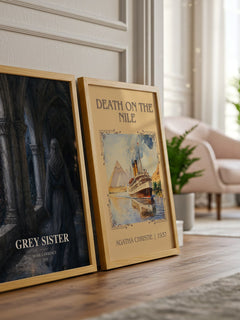 Grey Sister watercolour print framed by window – literary home decor