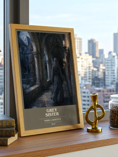 Grey Sister book cover print framed by window – literary home decor