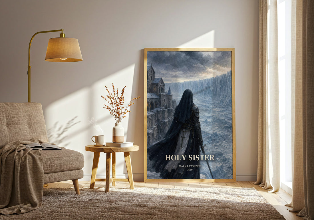 Holy Sister watercolour print in frame leaning in hallway – fantasy wall art (mockup)
