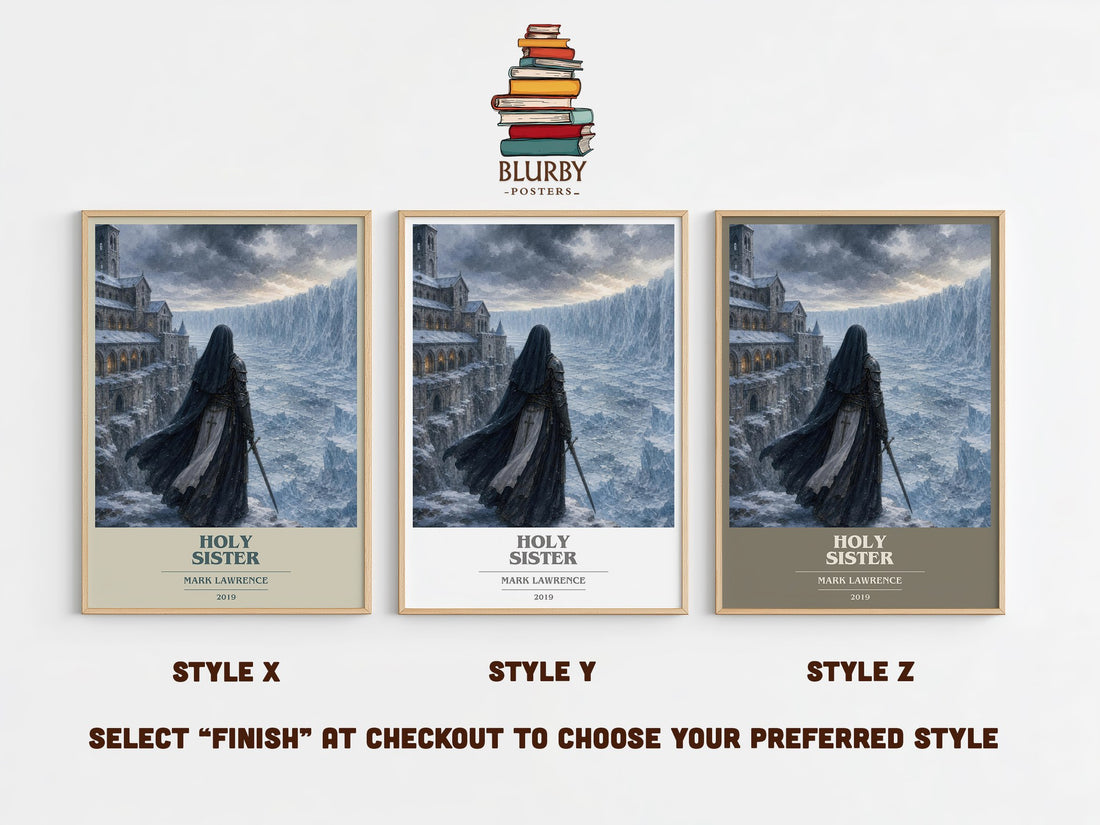 Holy Sister book cover print in frame leaning in hallway – fantasy wall art (mockup)