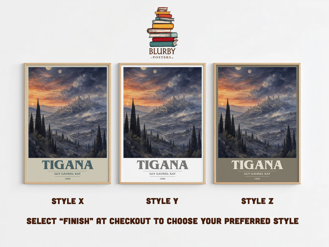 Tigana book cover print in frame leaning in hallway – fantasy wall art (mockup)