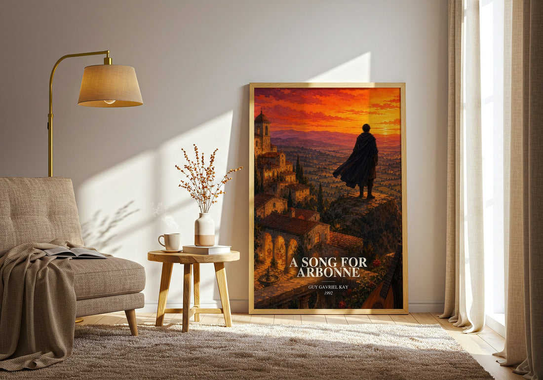 A Song for Arbonne watercolour print in frame leaning in hallway – fantasy wall art (mockup)
