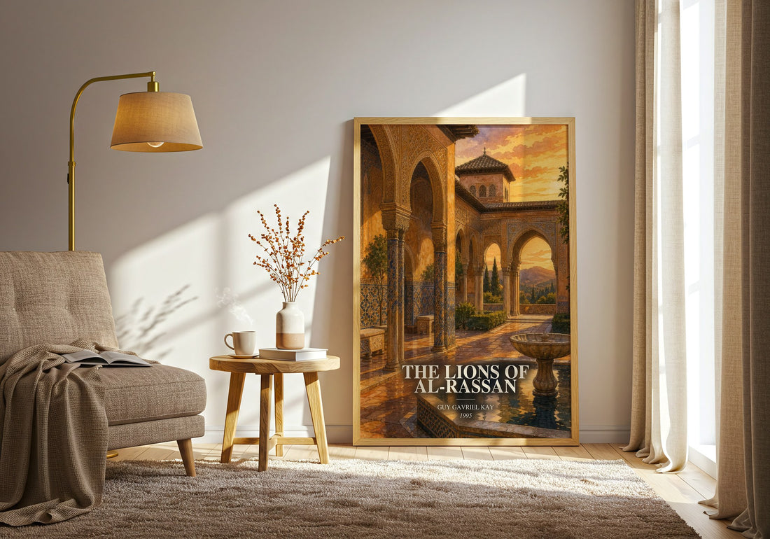 The Lions of Al-Rassan watercolour print in frame leaning in hallway – fantasy wall art (mockup)