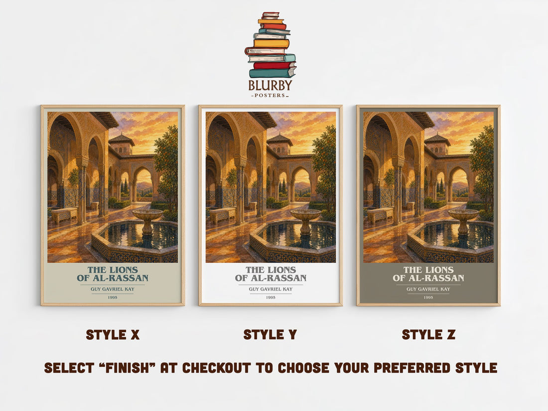 The Lions of Al-Rassan book cover print in frame leaning in hallway – fantasy wall art (mockup)