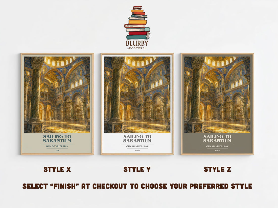 Sailing to Sarantium book cover print in frame leaning in hallway – fantasy wall art (mockup)