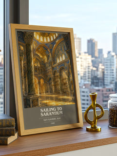 Sailing to Sarantium Book Cover Poster by Guy Gavriel Kay – framed print on a city-view windowsill