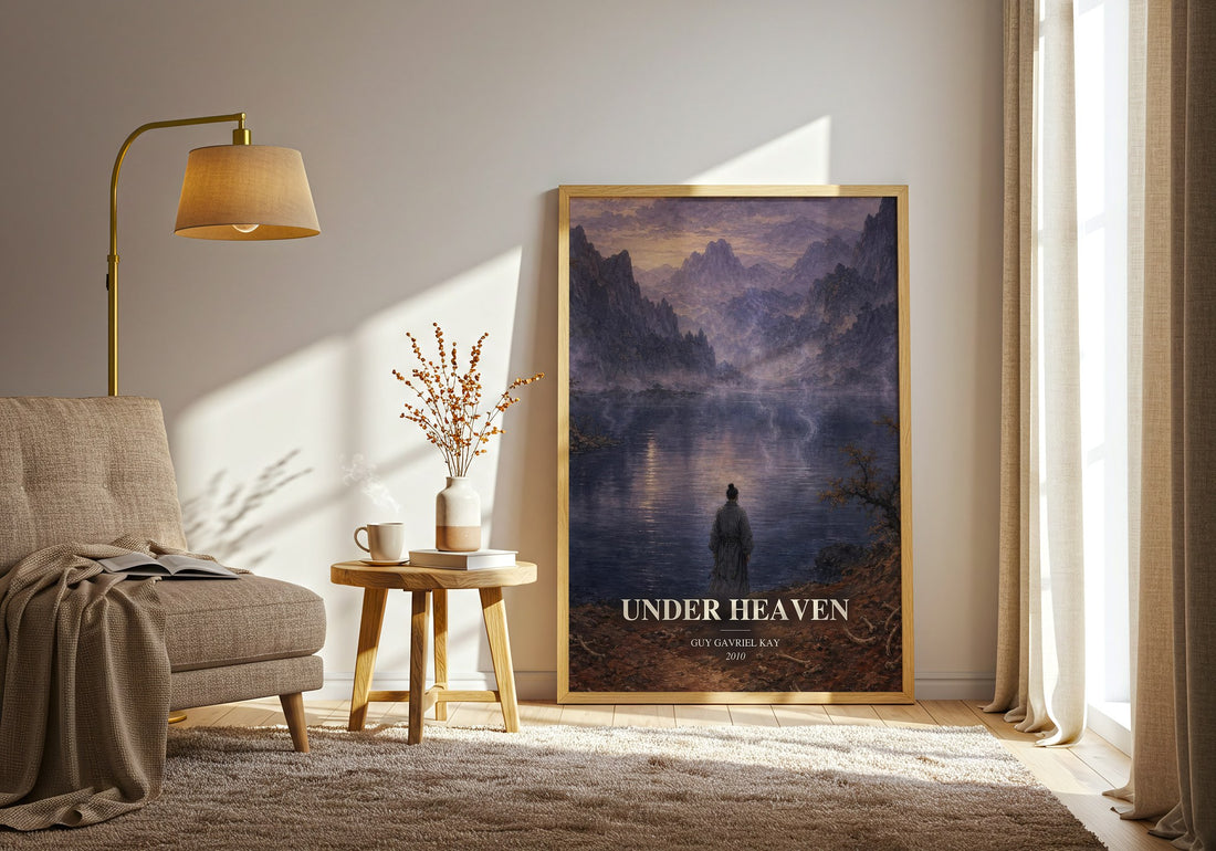 Under Heaven watercolour print in frame leaning in hallway – fantasy wall art (mockup)