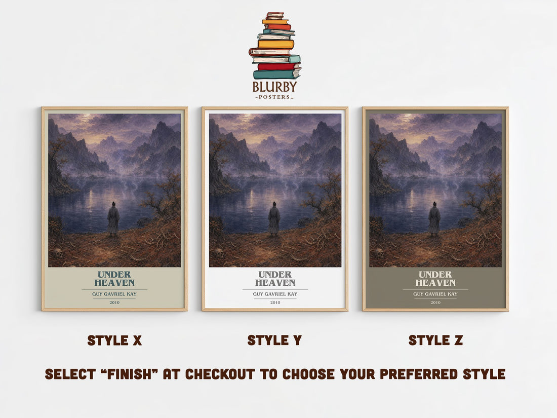 Under Heaven book cover print in frame leaning in hallway – fantasy wall art (mockup)