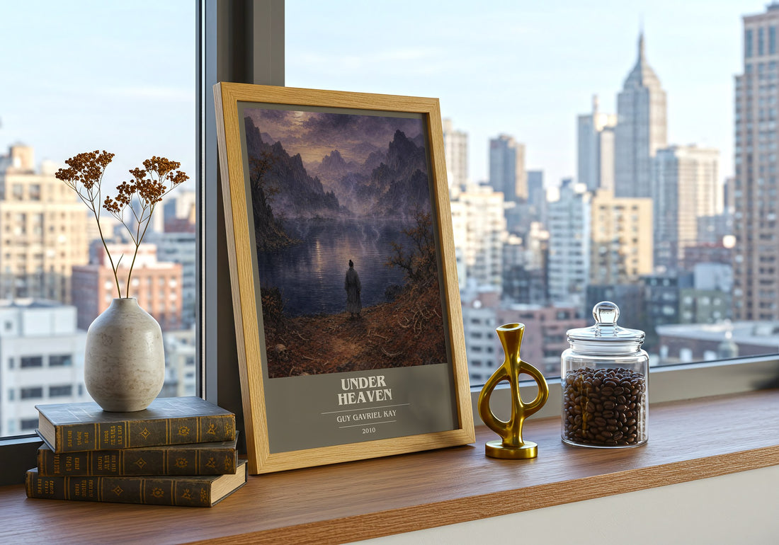 Under Heaven book cover print framed by window – literary home decor