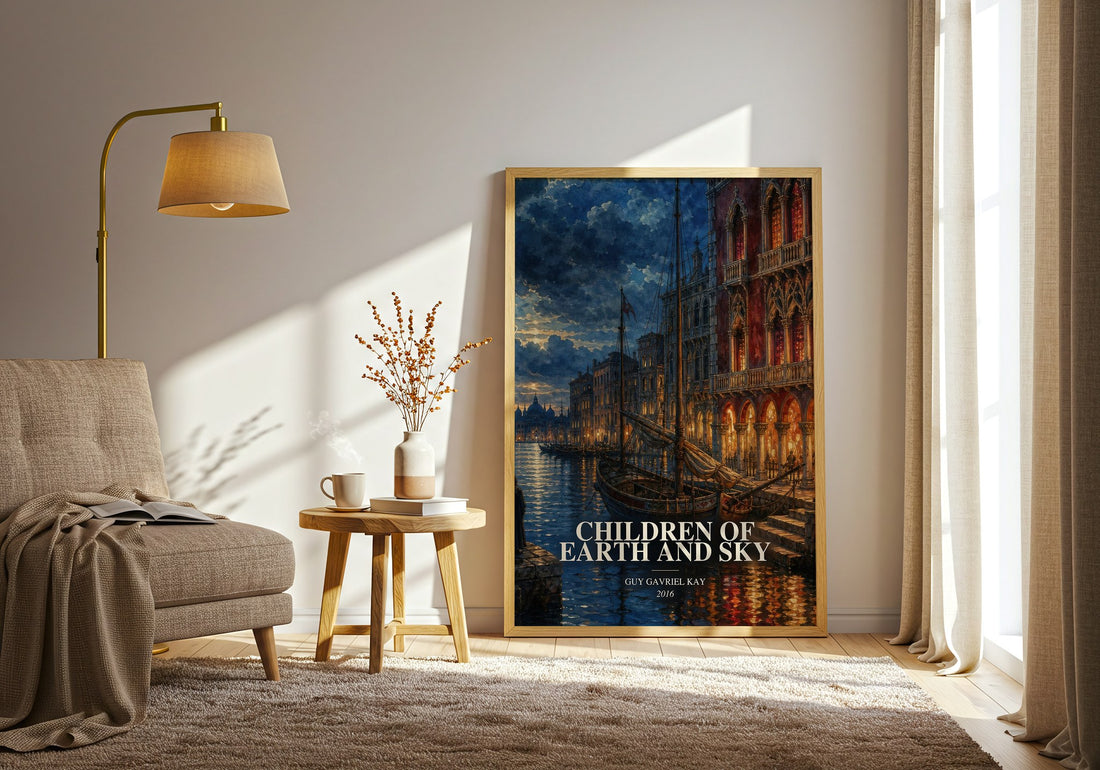 Children of Earth and Sky watercolour print in frame leaning in hallway – historical fiction wall art (mockup)