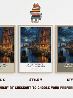 Children of Earth and Sky book cover print in frame leaning in hallway – historical fiction wall art