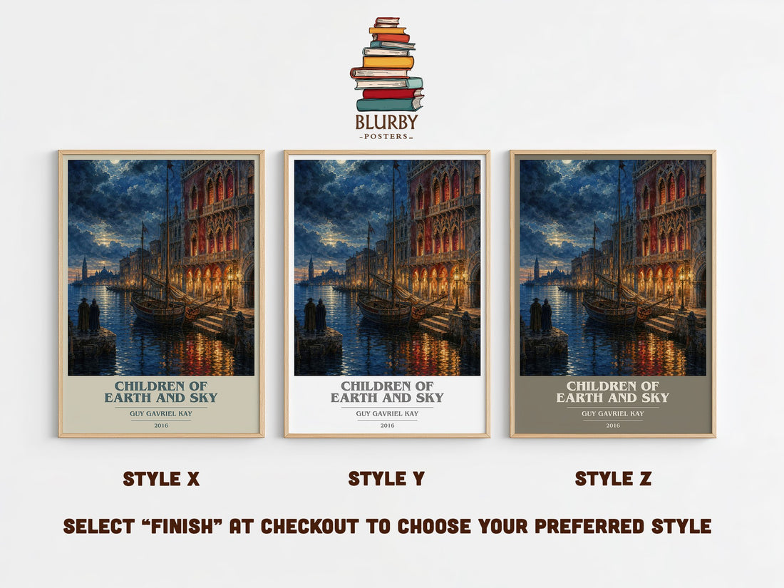 Children of Earth and Sky book cover print in frame leaning in hallway – historical fiction wall art (mockup)