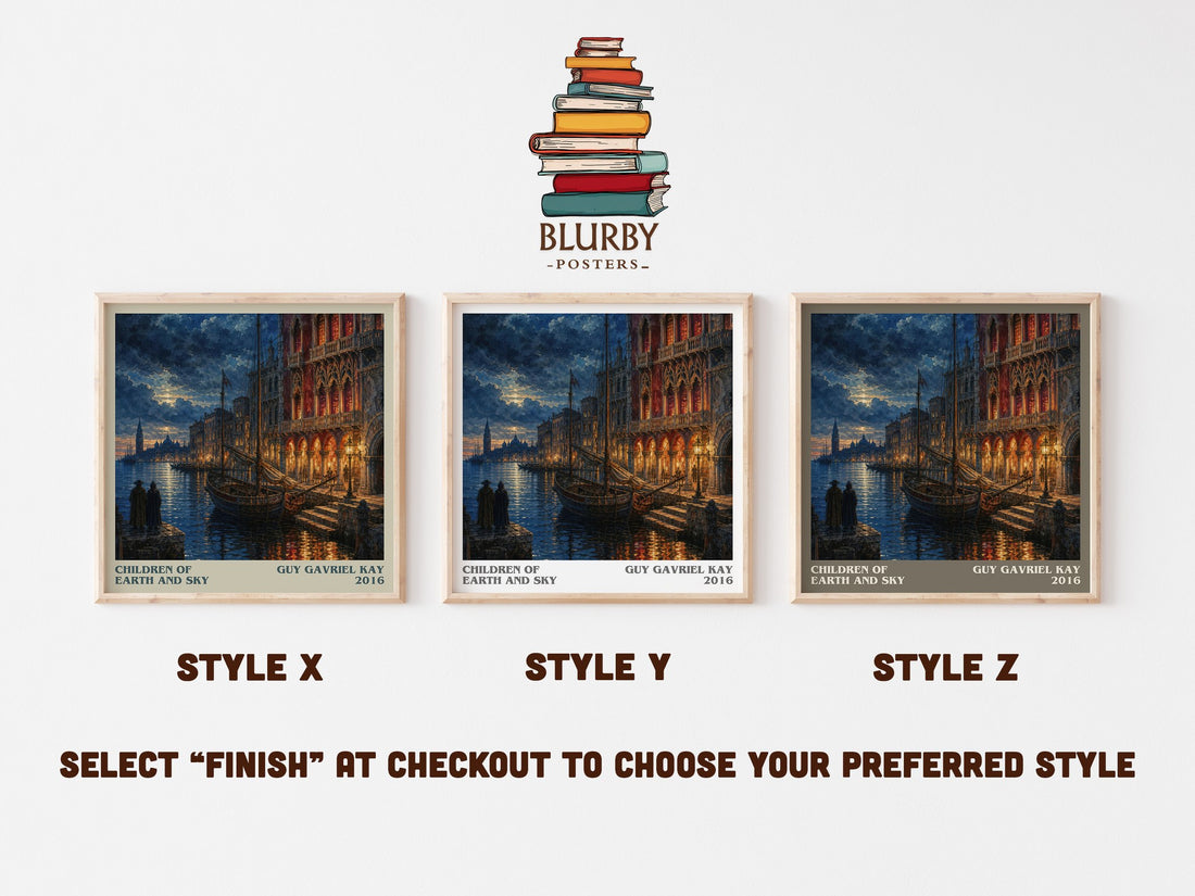 Children of Earth and Sky literary print in frame leaning in hallway – historical fiction wall art (mockup)