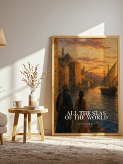 All the Seas of the World watercolour print in frame leaning in hallway – historical fiction wall art