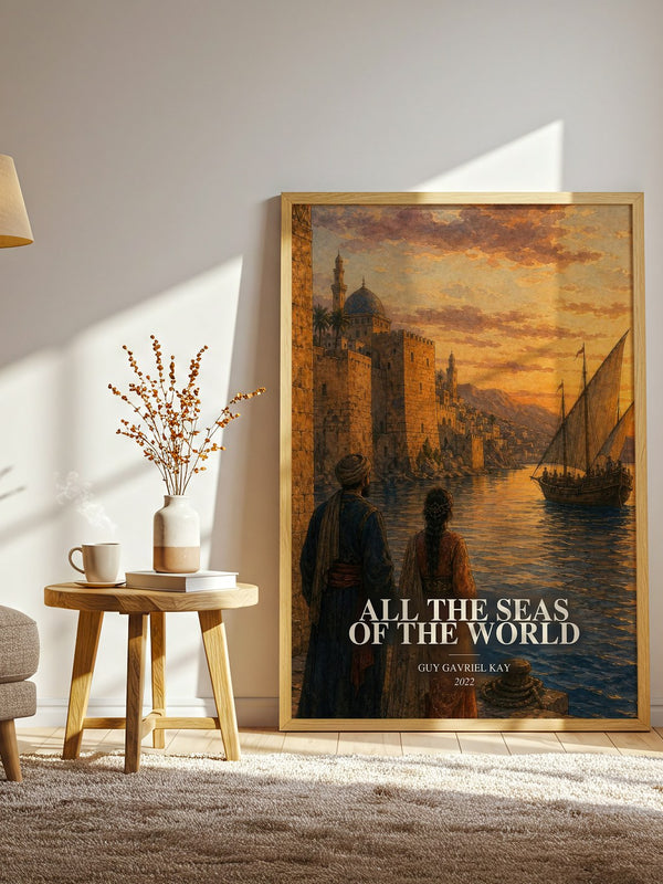 All the Seas of the World watercolour print in frame leaning in hallway – historical fiction wall art