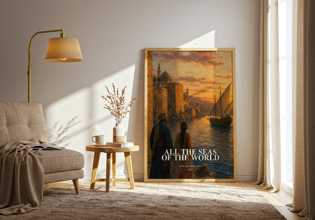 All the Seas of the World watercolour print in frame leaning in hallway – historical fiction wall art (mockup)