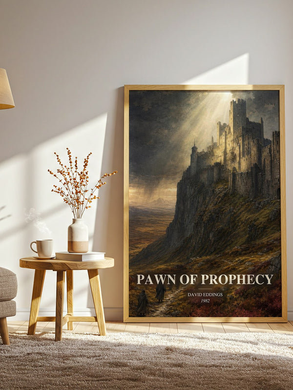 Pawn of Prophecy watercolour print in frame leaning in hallway – fantasy wall art