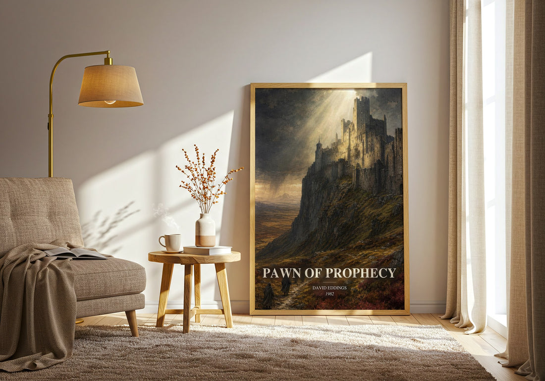 Pawn of Prophecy watercolour print in frame leaning in hallway – fantasy wall art (mockup)