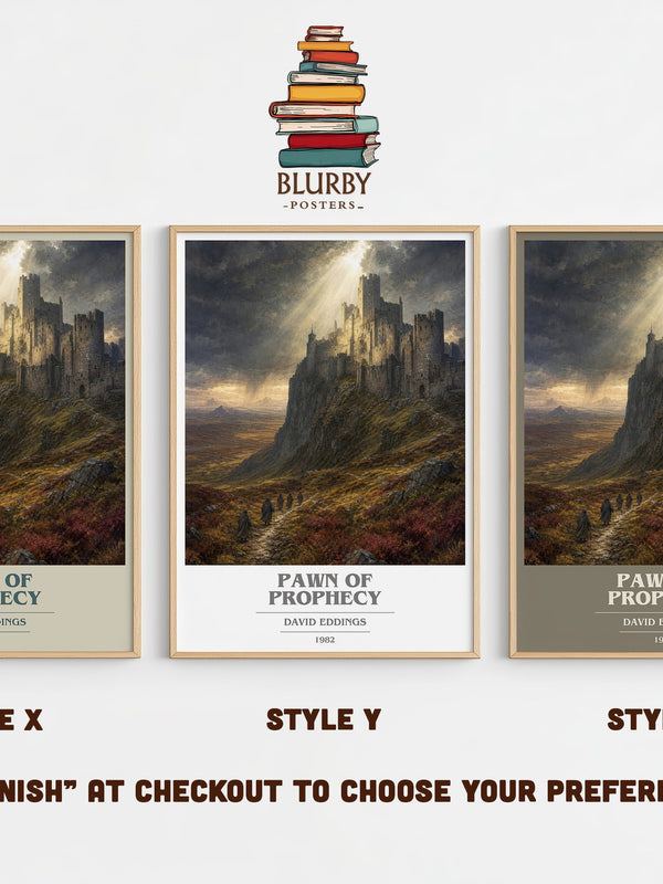 Pawn of Prophecy book cover print in frame leaning in hallway – fantasy wall art