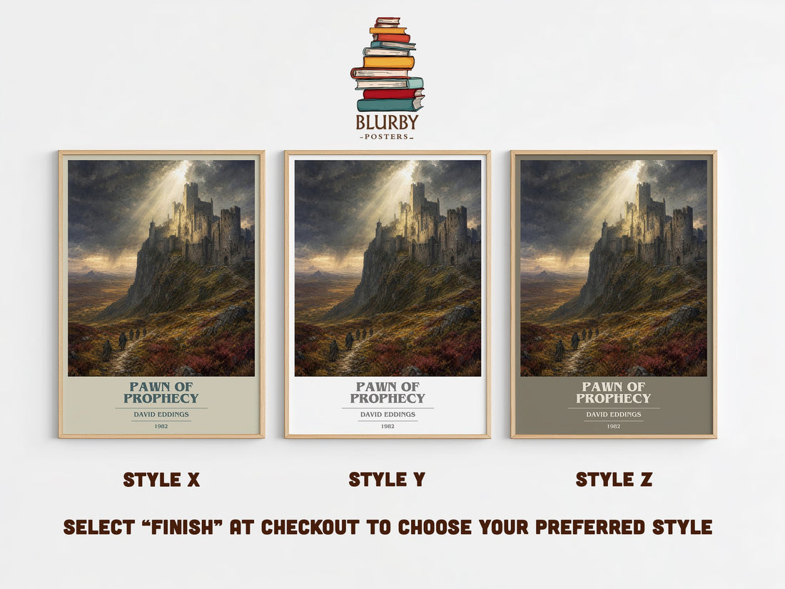 Pawn of Prophecy book cover print in frame leaning in hallway – fantasy wall art (mockup)