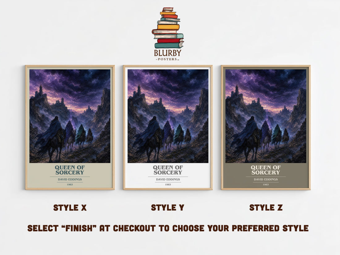 Queen of Sorcery book cover print in frame leaning in hallway – fantasy wall art (mockup)
