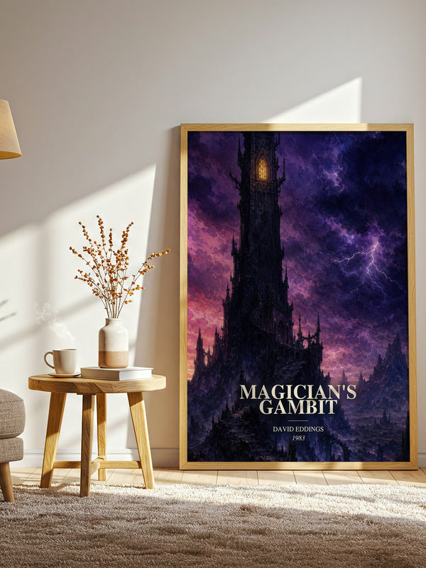 Magician's Gambit watercolour print in frame leaning in hallway – fantasy wall art