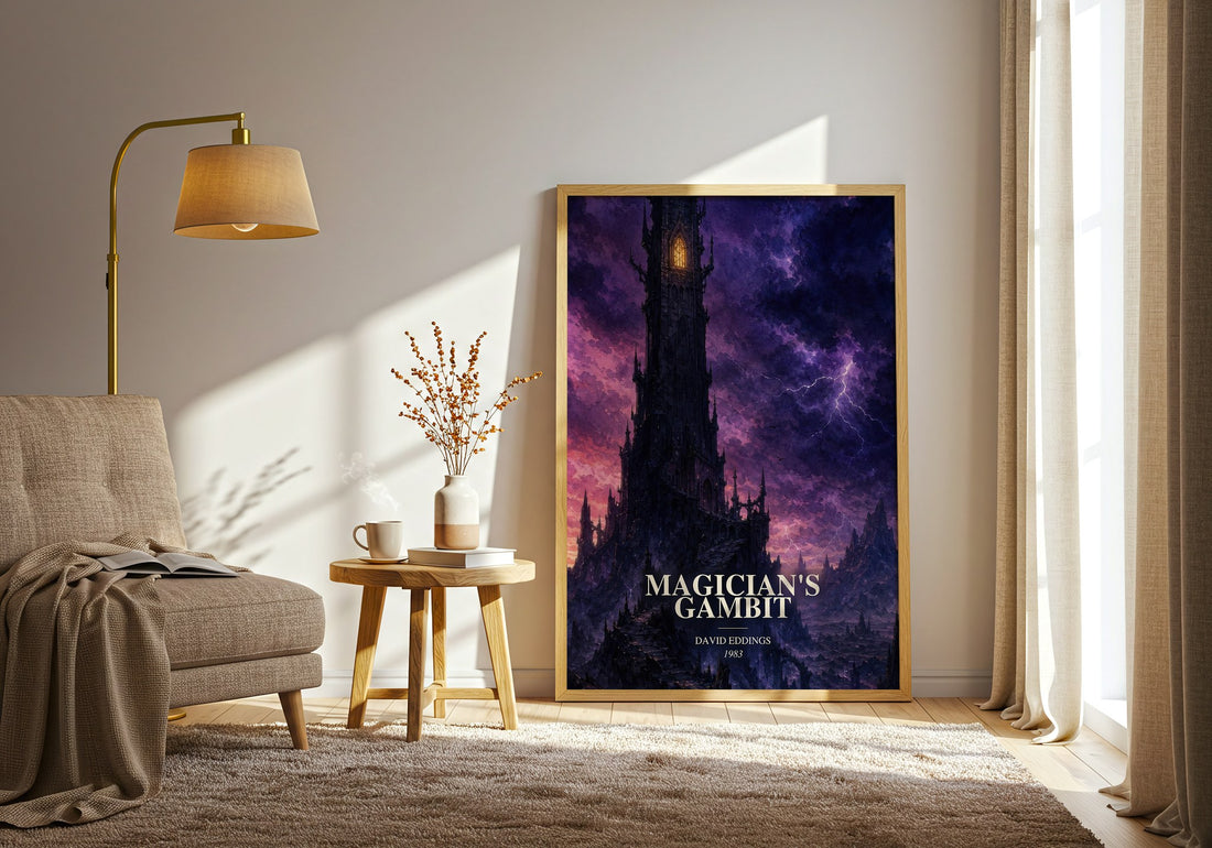 Magician's Gambit watercolour print in frame leaning in hallway – fantasy wall art (mockup)