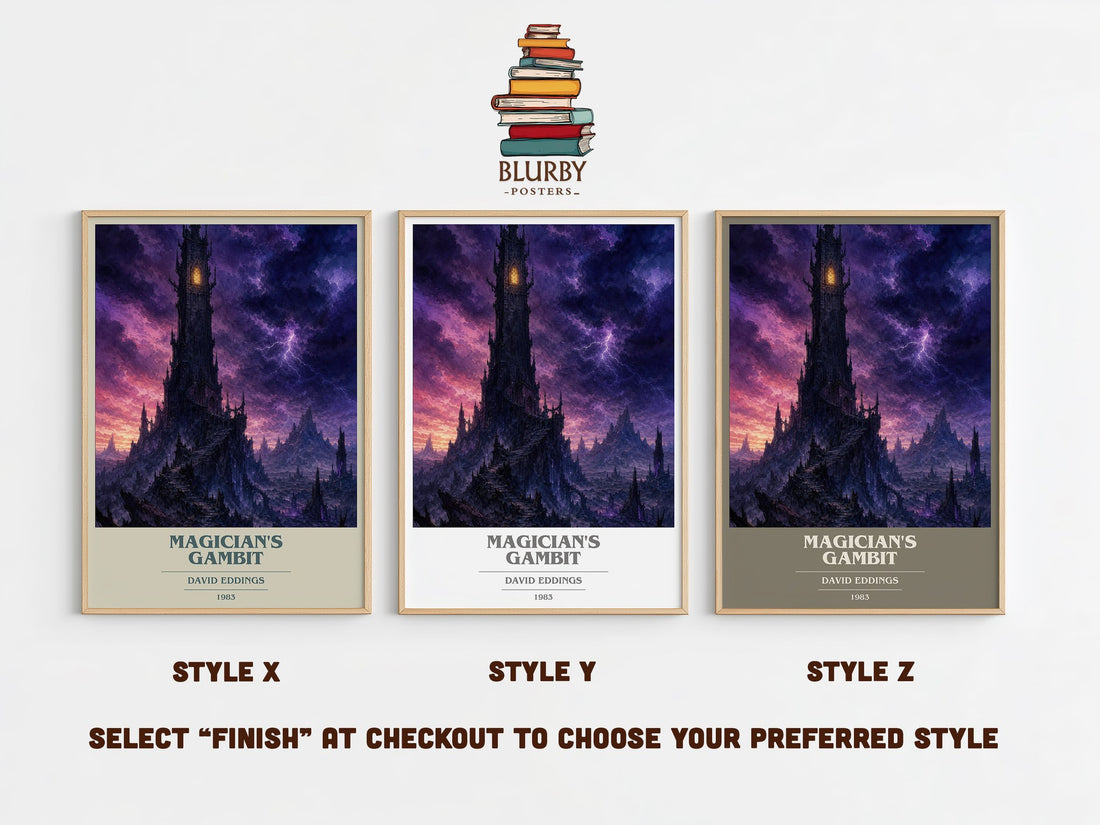 Magician's Gambit book cover print in frame leaning in hallway – fantasy wall art (mockup)