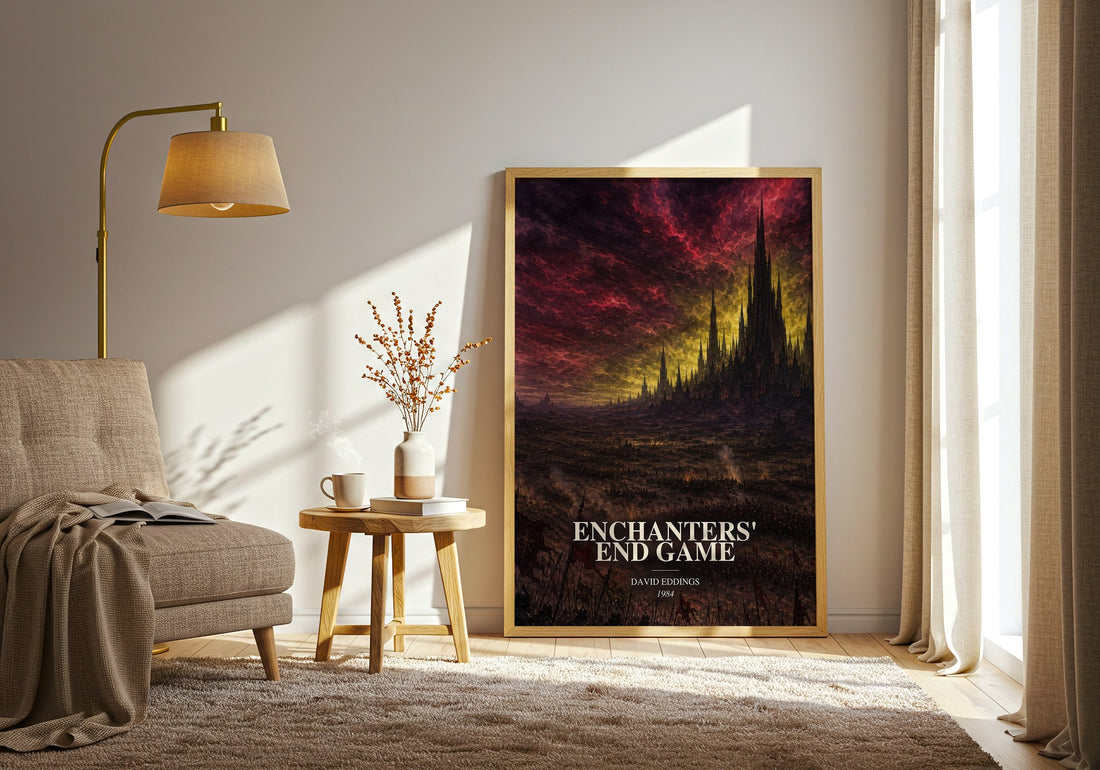 Enchanters' End Game watercolour print in frame leaning in hallway – fantasy wall art (mockup)