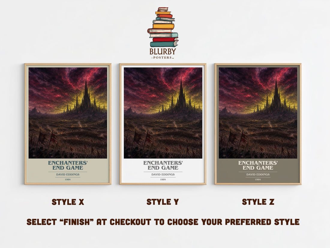 Enchanters' End Game book cover print in frame leaning in hallway – fantasy wall art (mockup)