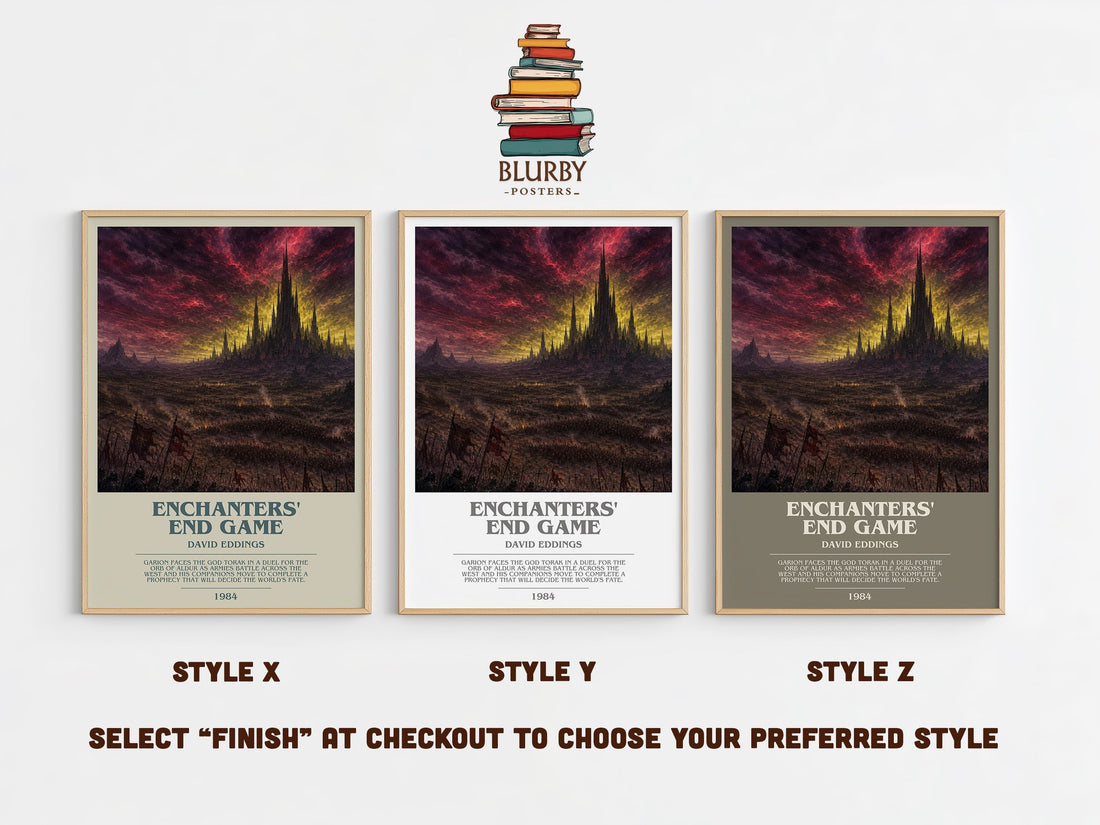 Enchanters' End Game bookish print in frame leaning in hallway – fantasy wall art (mockup)