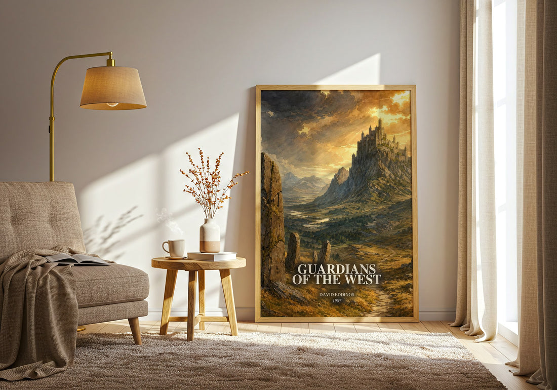 Guardians of the West watercolour print in frame leaning in hallway – fantasy wall art (mockup)