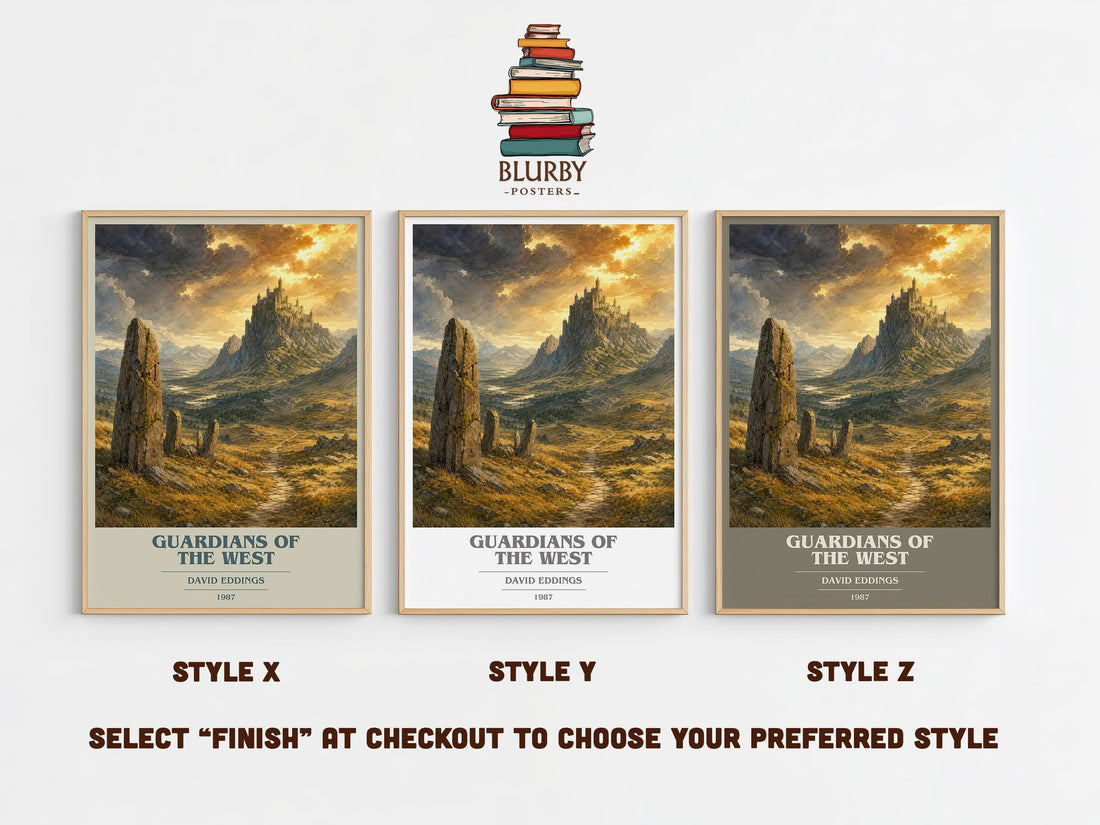 Guardians of the West book cover print in frame leaning in hallway – fantasy wall art (mockup)