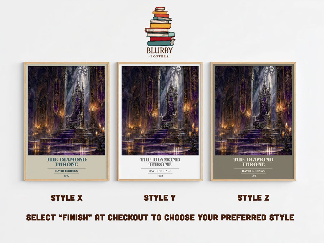 The Diamond Throne book cover print in frame leaning in hallway – fantasy wall art (mockup)
