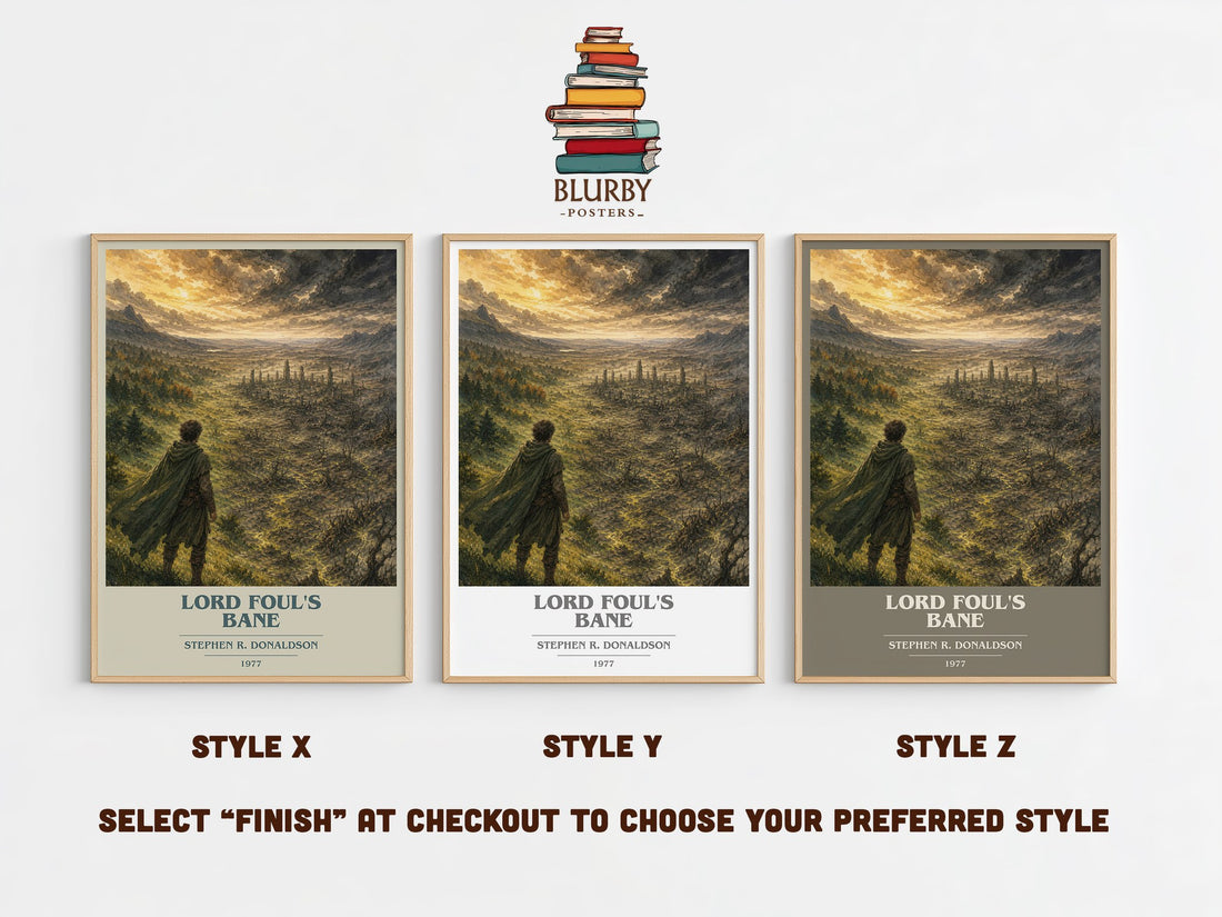 Lord Foul's Bane book cover print in frame leaning in hallway – fantasy wall art (mockup)