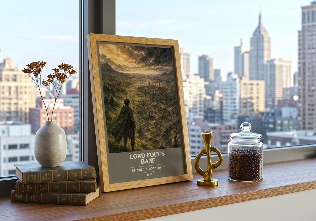 Lord Foul's Bane book cover print framed by window – literary home decor