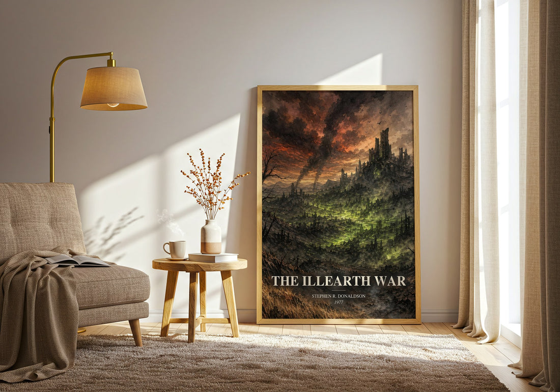 The Illearth War watercolour print in frame leaning in hallway – fantasy wall art (mockup)
